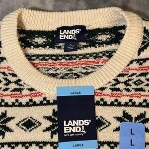 Lands End Mens Large Fair Isle Dog Pattern Crewneck Sweater Cream Black New